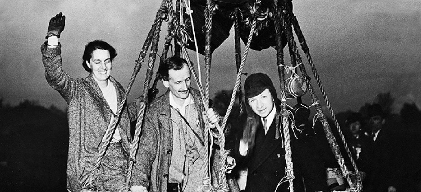 The Piccards (left and center) with Edward J. Hill before a test flight, May 1934.