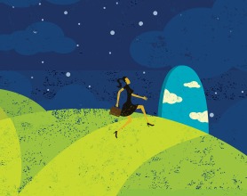 Illustration: female figure exiting horizon