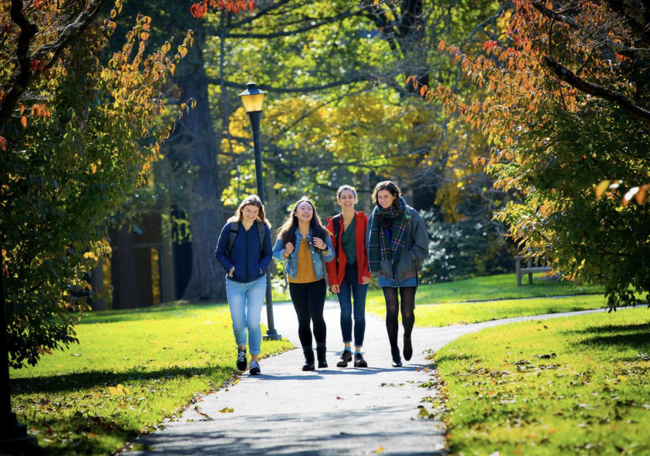 Group of four students walking on a path