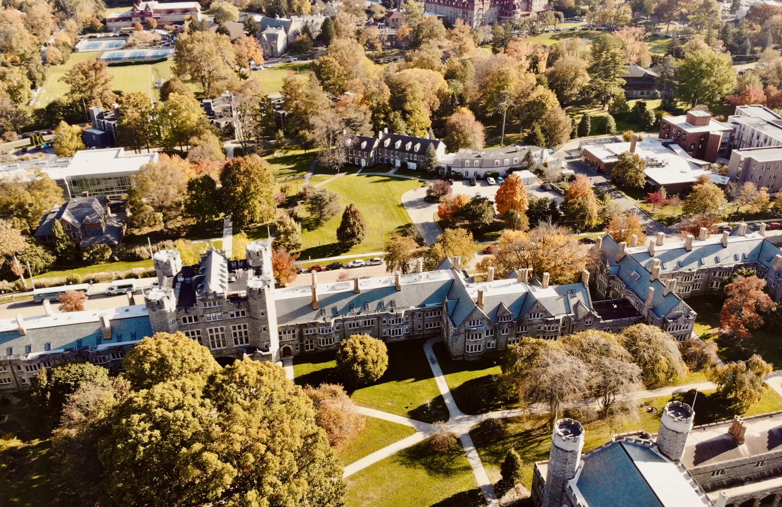 Drone shot of campus in the fall