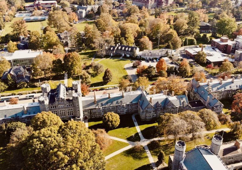 Drone shot of campus in the fall