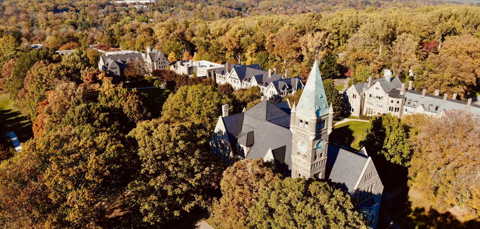 Drone shot of campus in the fall