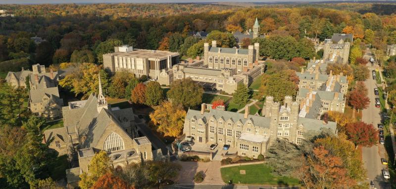 Drone image of BMC campus in the fall