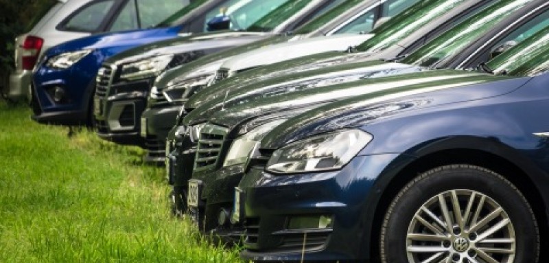 Parked cars near grass