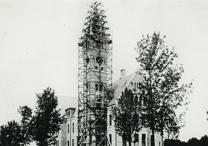 grey scale photo of the construction of Taylor Hall