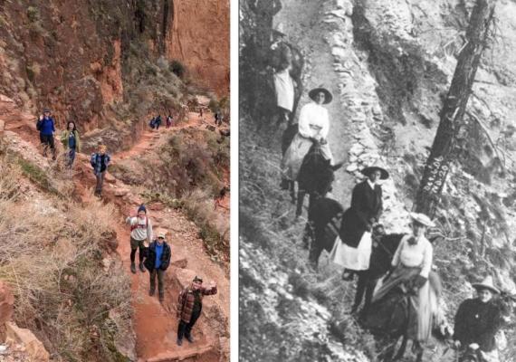 Left to Right: Geology students' recreated photo (left) of Florence Bascom with students in the Grand Canyon, 1906 (right).