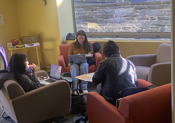 Students sit on their laptops in a circle