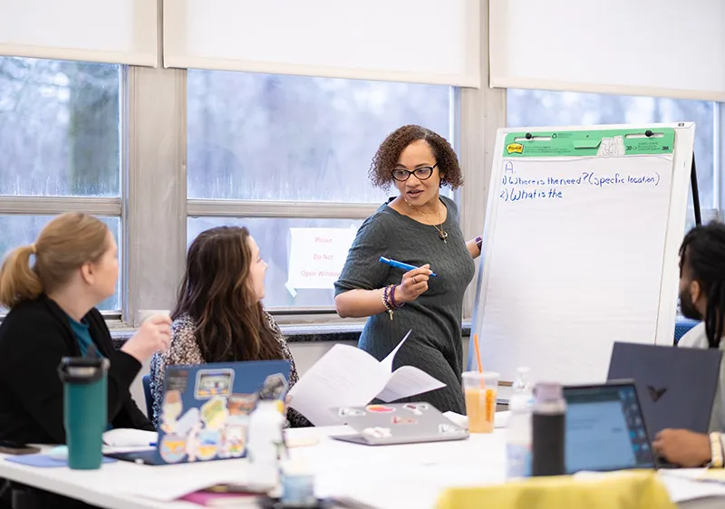 Woman at an easel with three students sitting in a NELI classroom