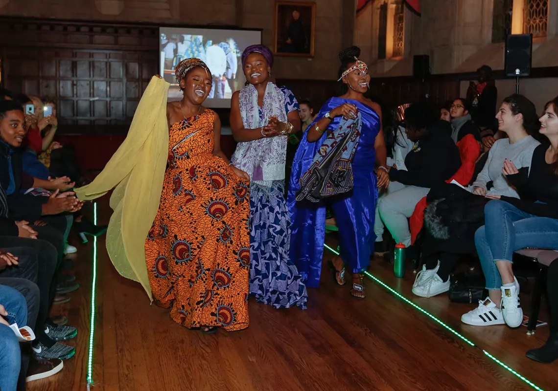  Joan Ndichu '21, Millicent Auma '21, and Lyncy Nyandoche '21 in Kenyan wedding attire. 