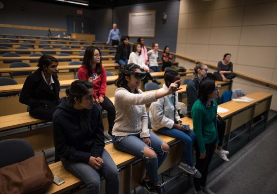 Students at a Bryn Mawr class use the HoloLens, an augmented-reality headset.