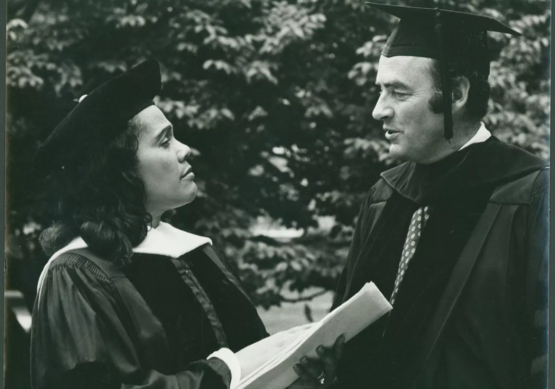 Harris Wofford with Coretta Scott King at Bryn Mawr's Commencement ceremony.