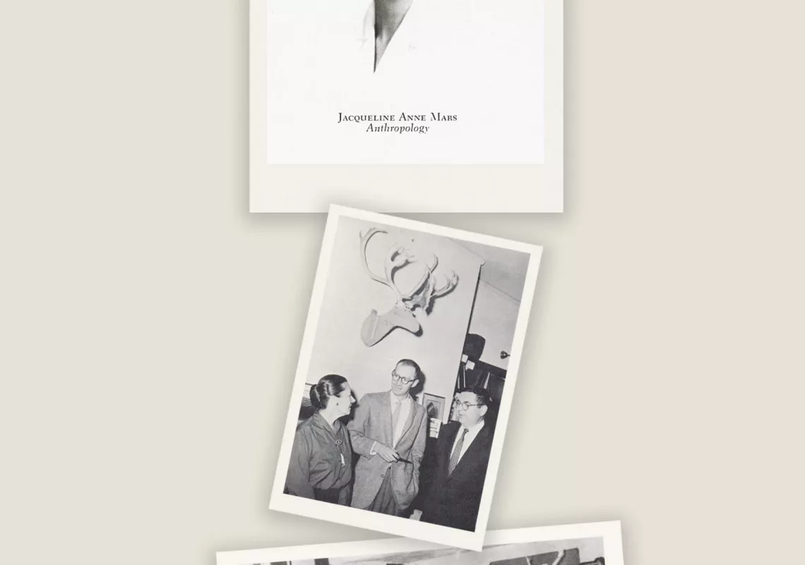 Jacqueline Badger Mars' yearbook photo; Dr. Eugene Schneider, Mr. Harper, and Dr. Frederica de Laguna; Mawrters at the swimming pool.