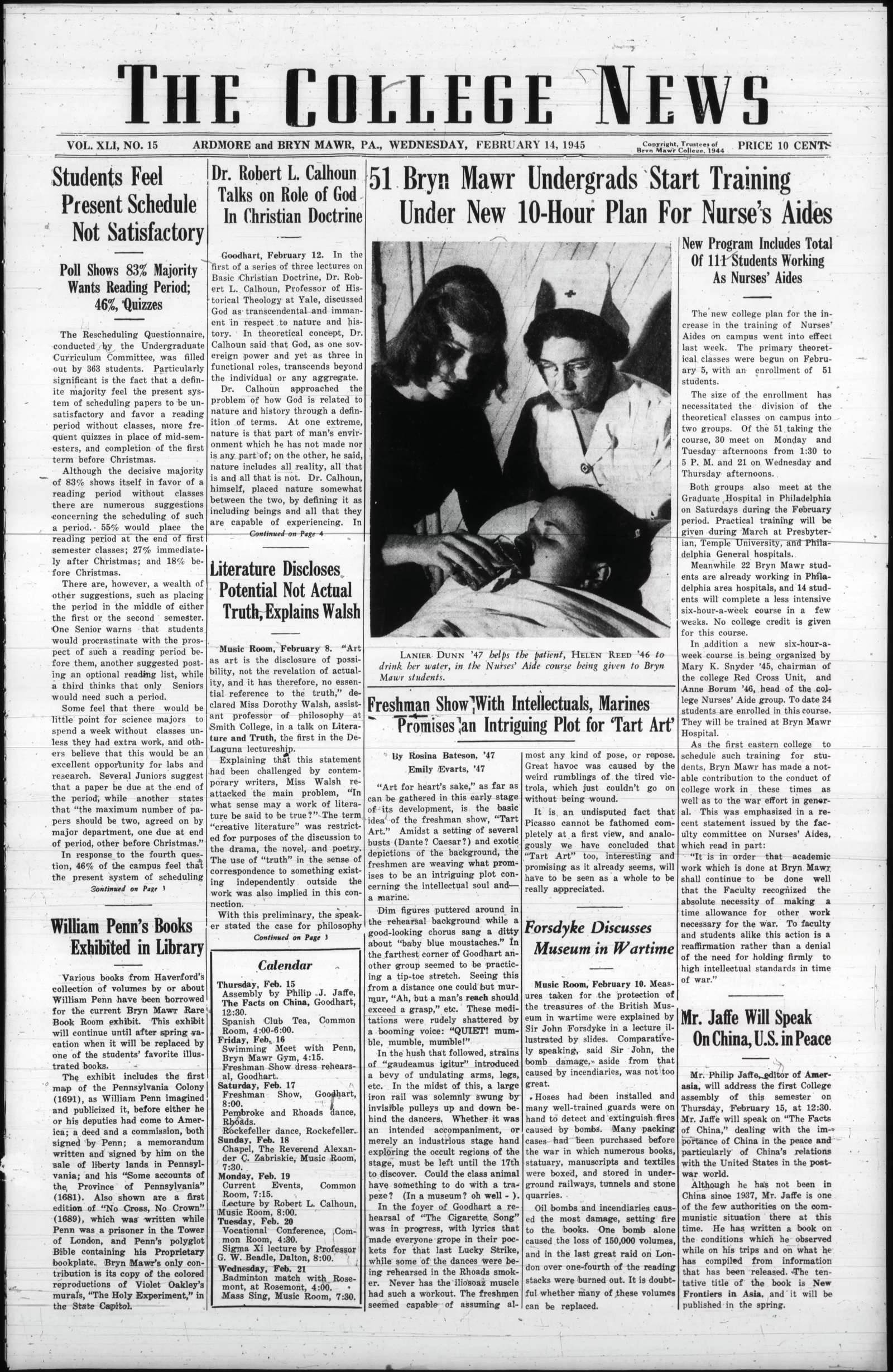 Scan of an article from 1945 about students training as nurses aides