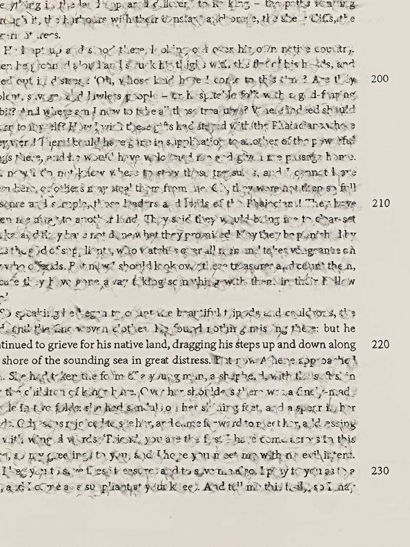 detail of work by artist Bethany Collins. Zoomed in to reveal erasure of text and remaining text "“but he continued to grieve for his native land, dragging his steps up and down along the shore of the sounding sea in great distress.” 