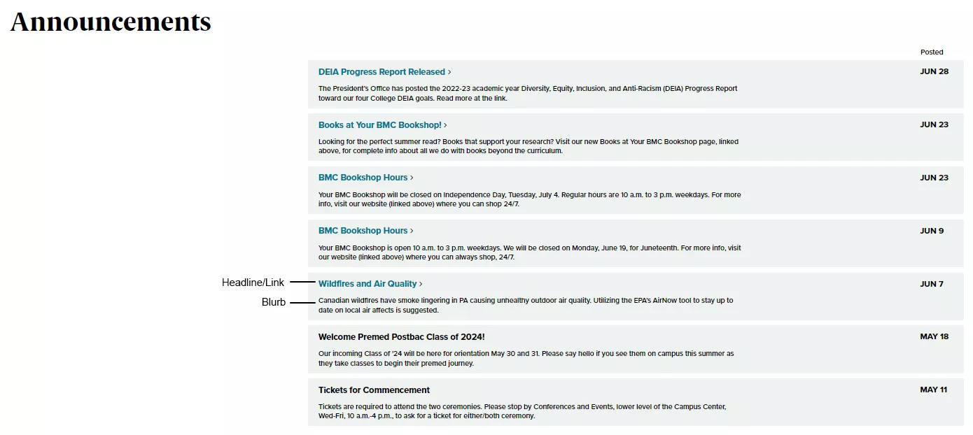Screenshot of the Announcements Listing webpage that shows an example of how headlines/links and blurbs display