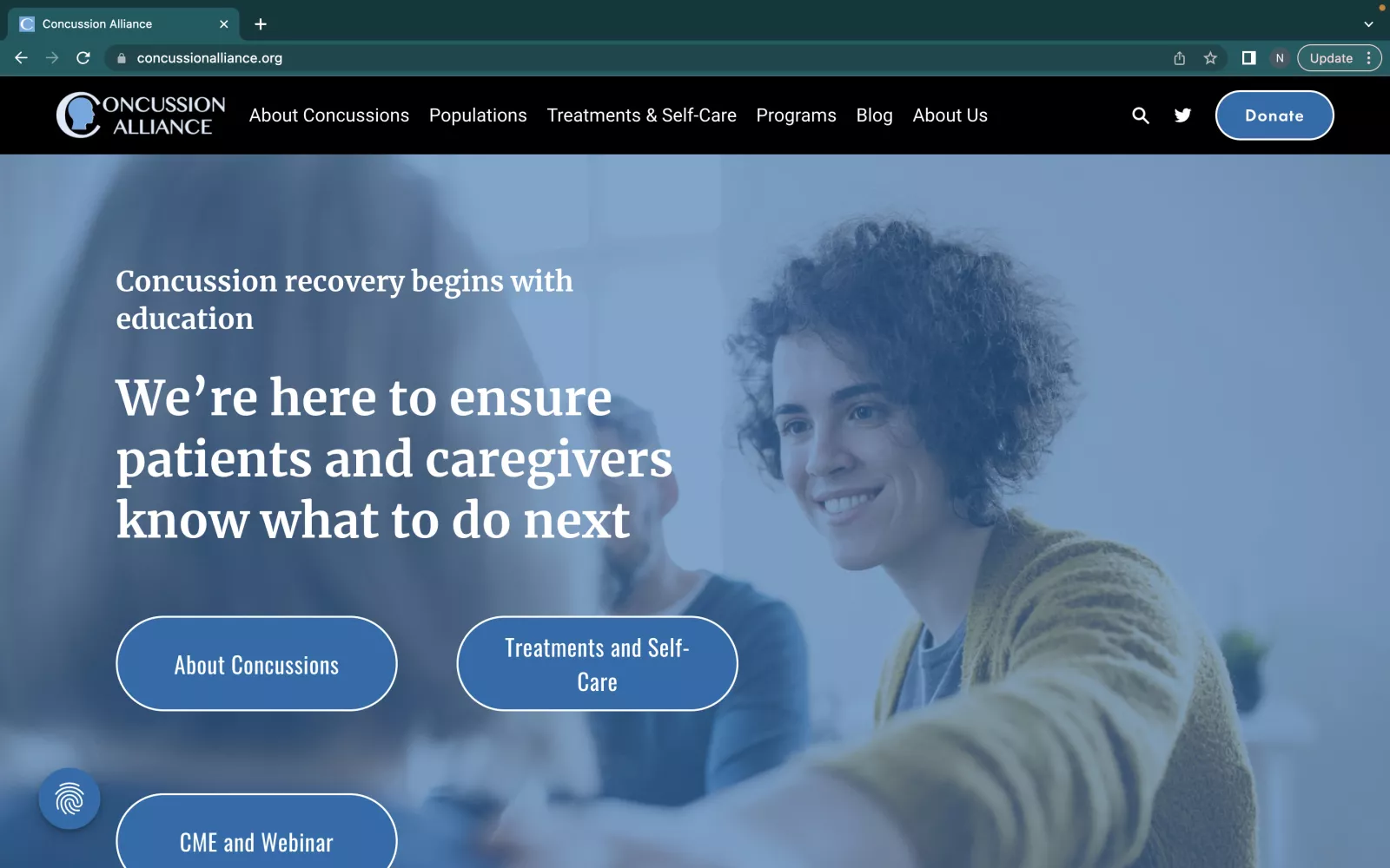 Screenshot of the Concussion Alliance webpage. 