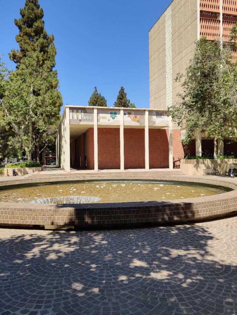 Fountain in front of a building. 