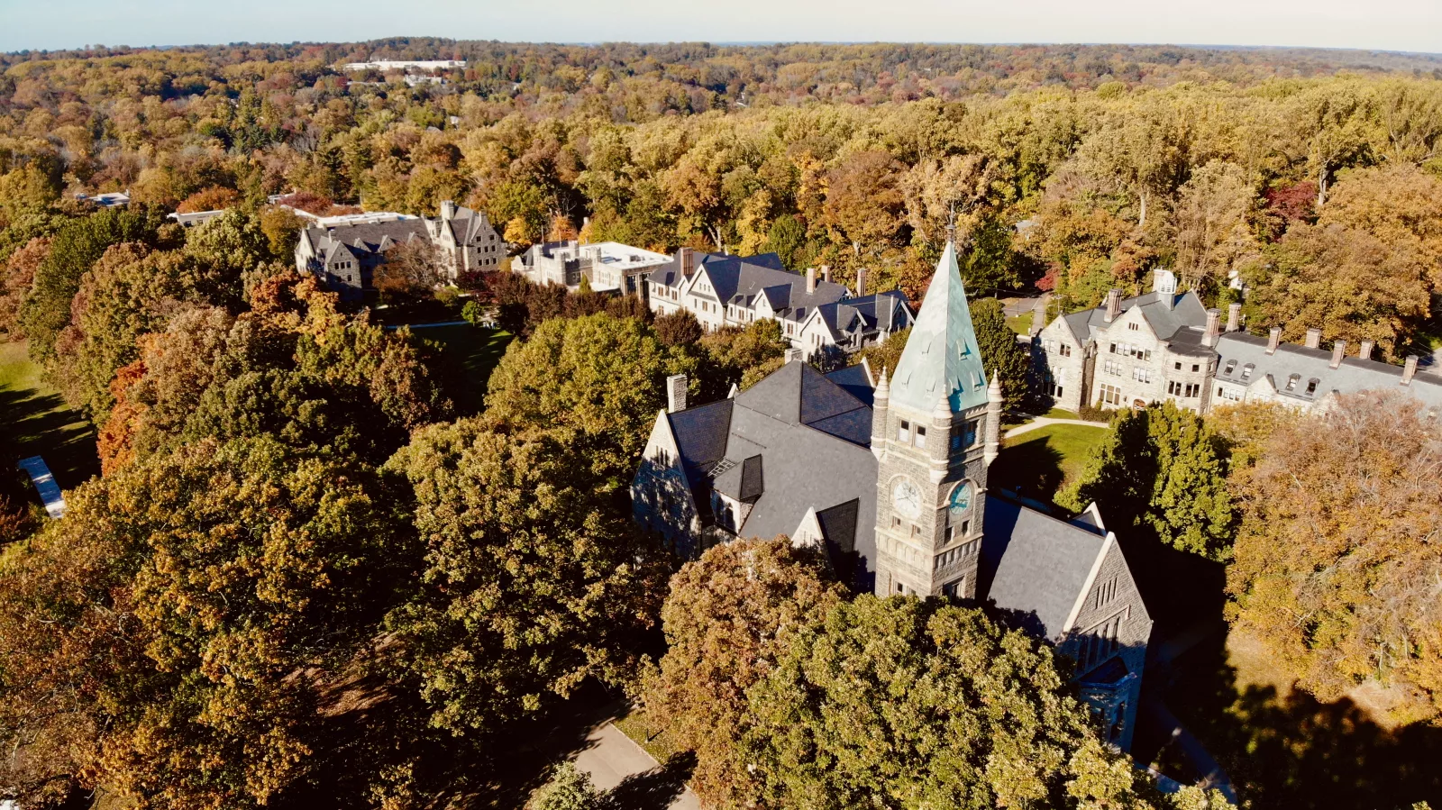 Drone shot of campus in the fall