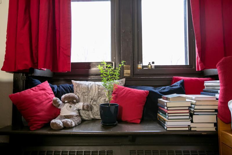 Dorm window seat with pillows