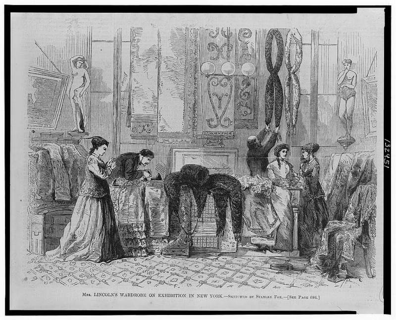 An engraving of Mary Todd Lincoln's wardrobe on display in New York.