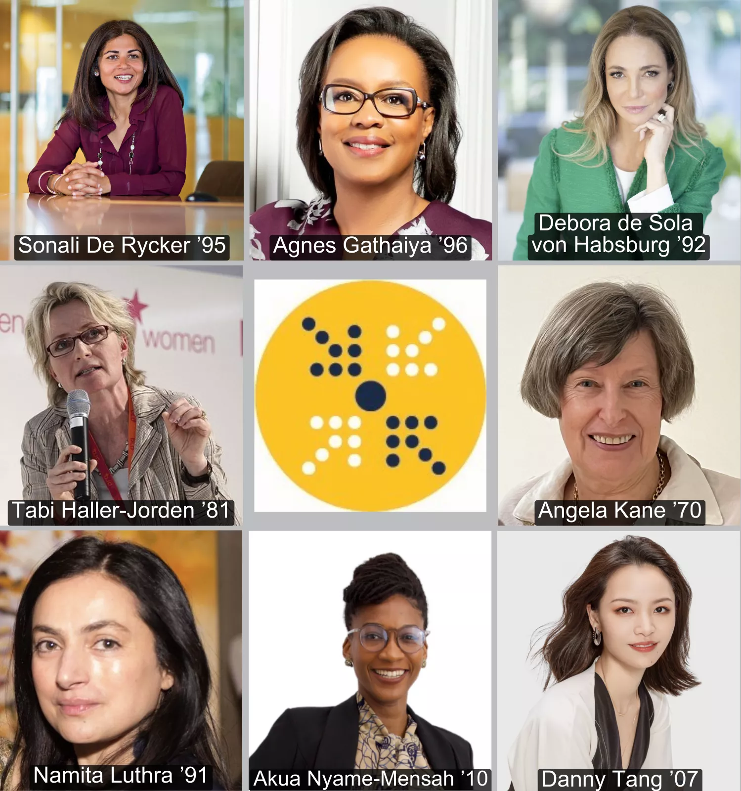 A collage of 8 alum headshots, with the International Forum logo in the middle