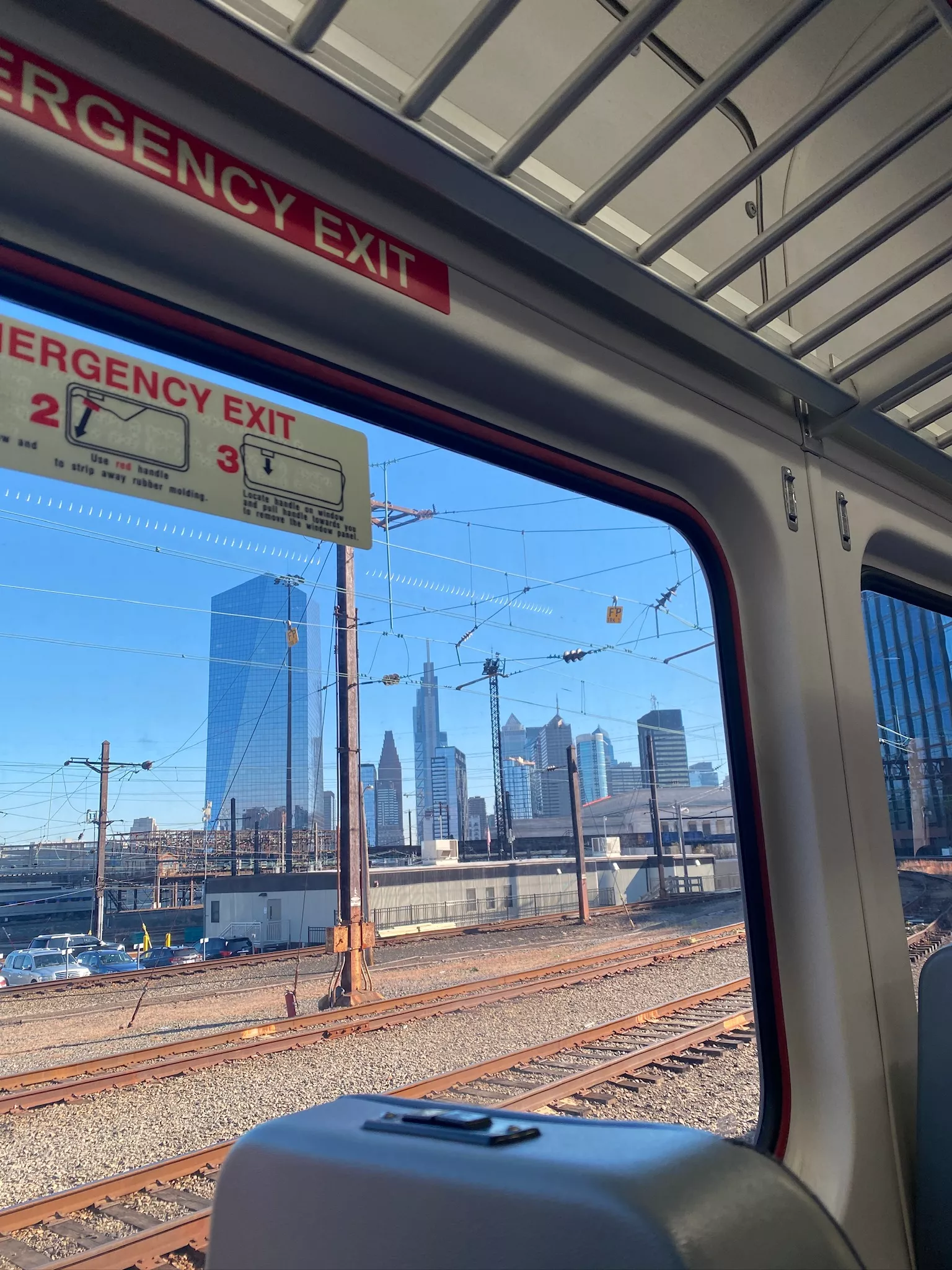 a view of the Philadelphia skyline from inside the SEPTA Regional Rail