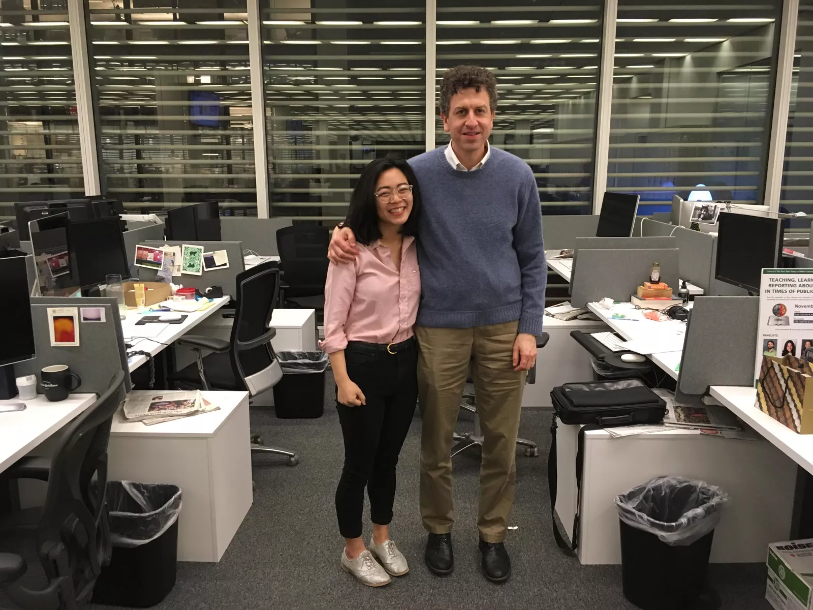Hannah Chinn '19 and Ian Trontz, NYT editor, stand in the newsroom.