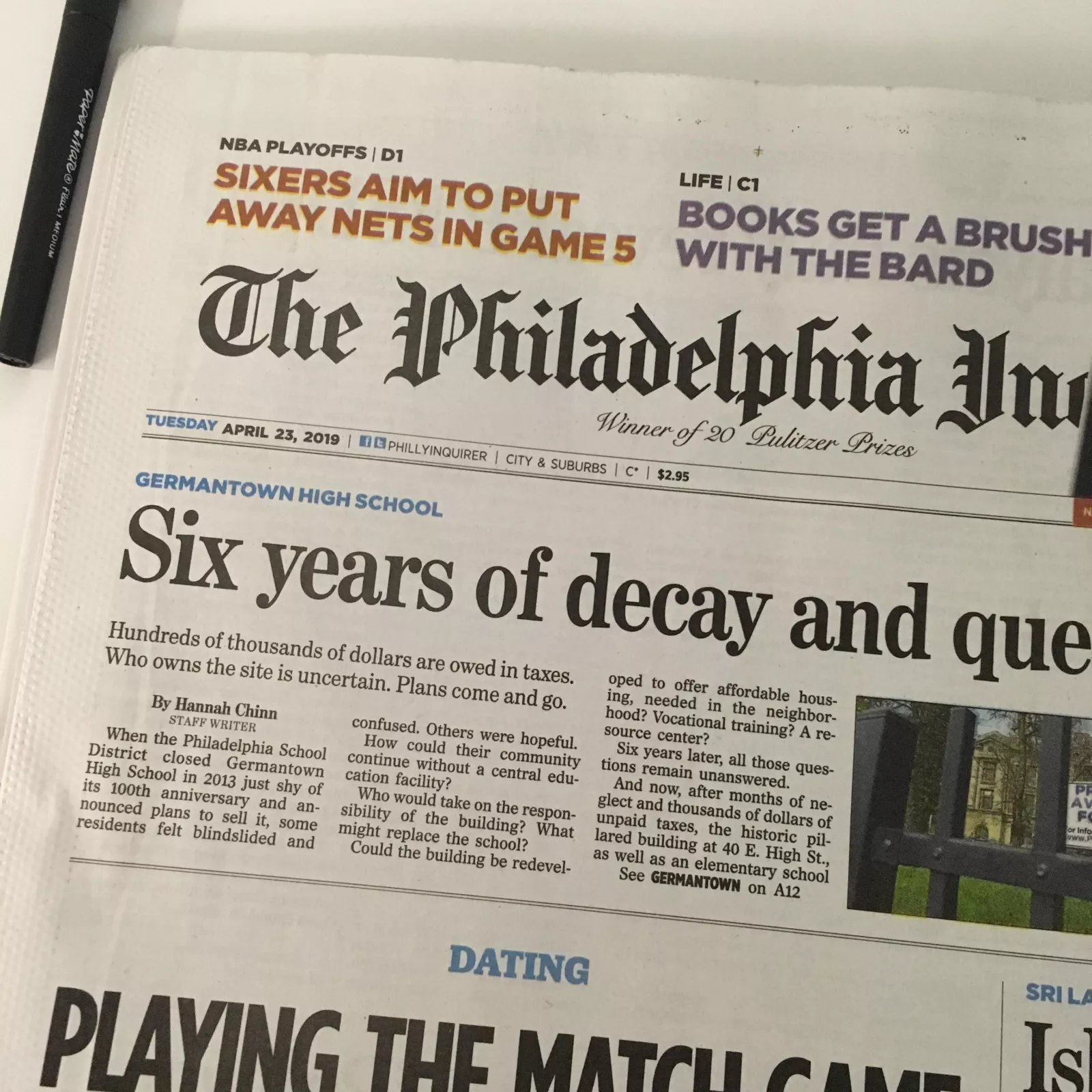 Philadelphia Inquirer front page for Tuesday, April 23