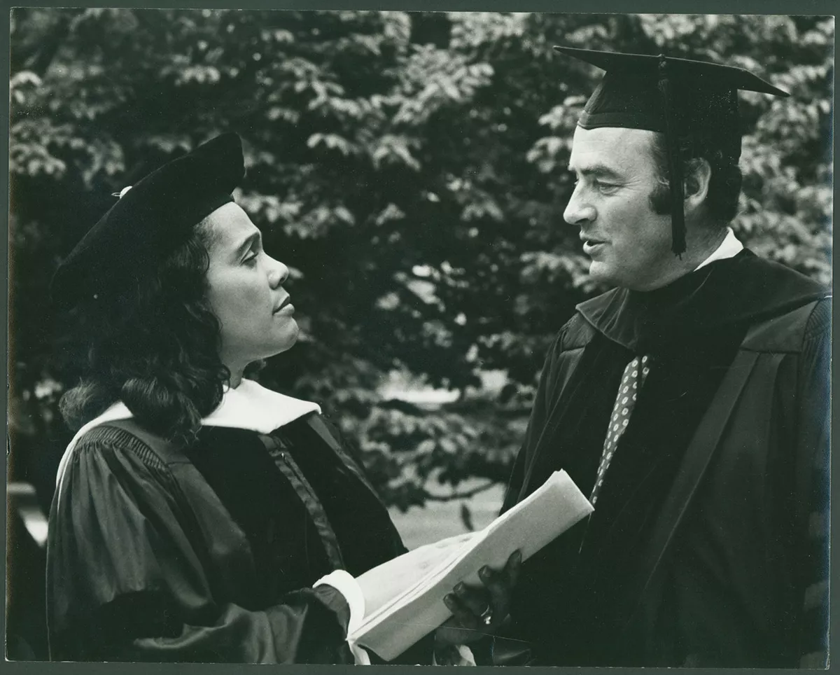 Harris Wofford with Coretta Scott King at Bryn Mawr's Commencement ceremony.
