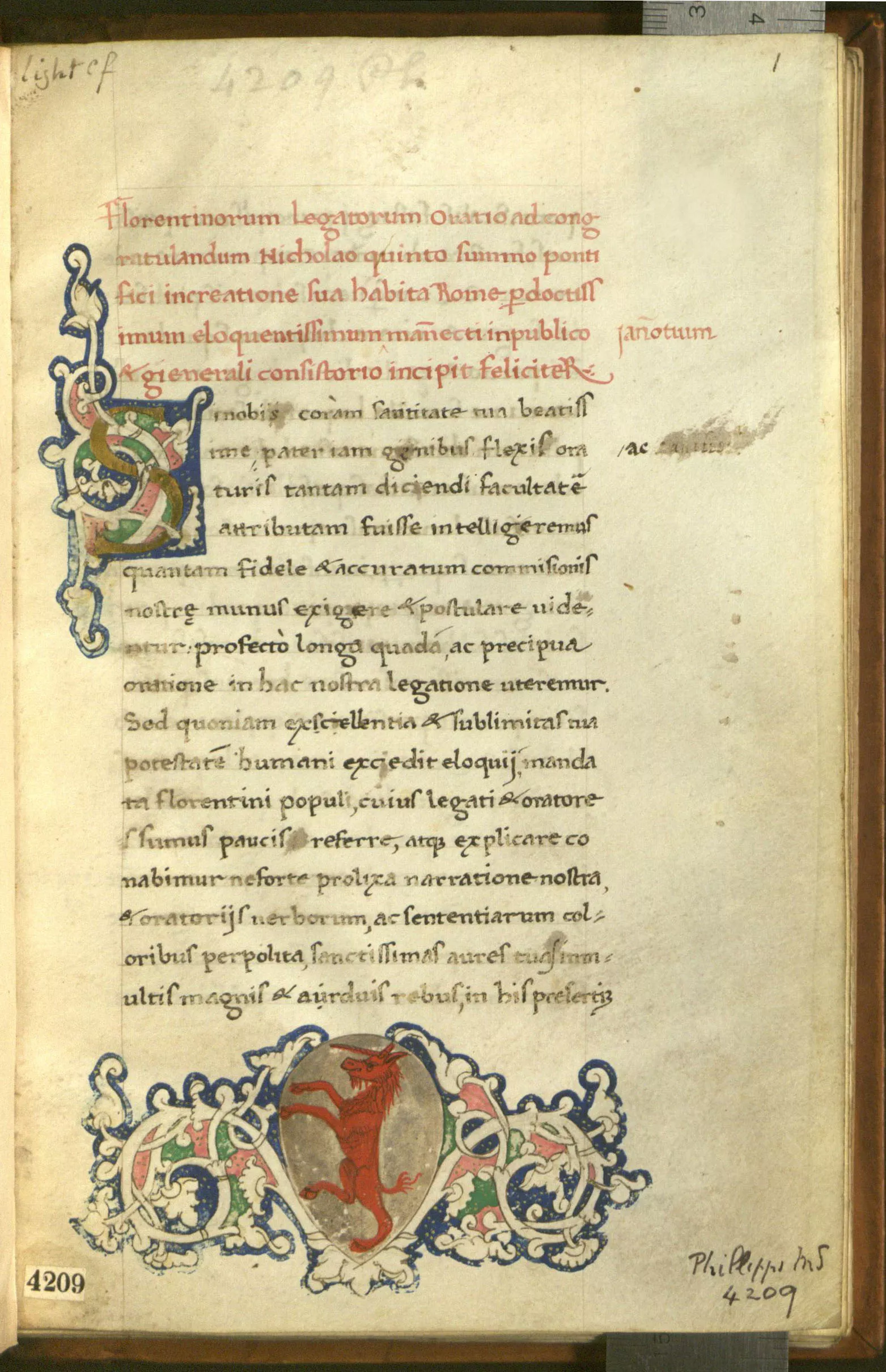 Manuscript 41: Page 1 from a collection of writings by Giannozzo Manetti,  Poggio Bracciolini and…