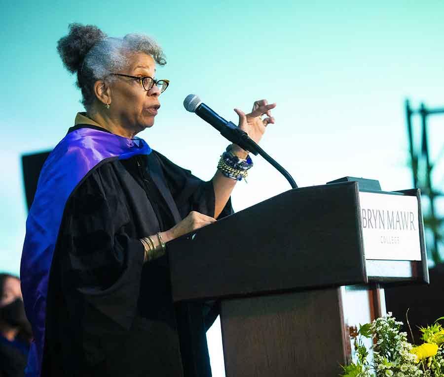 Jessica B. Harris '68 speaking at the podium during commencement