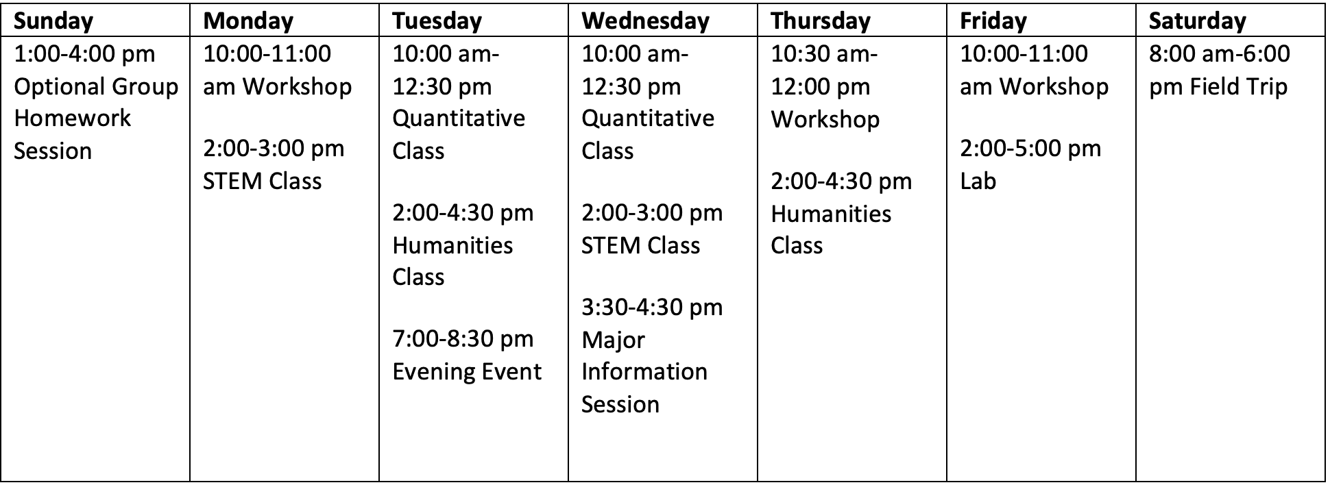 sample weekly STEMLA Schedule 